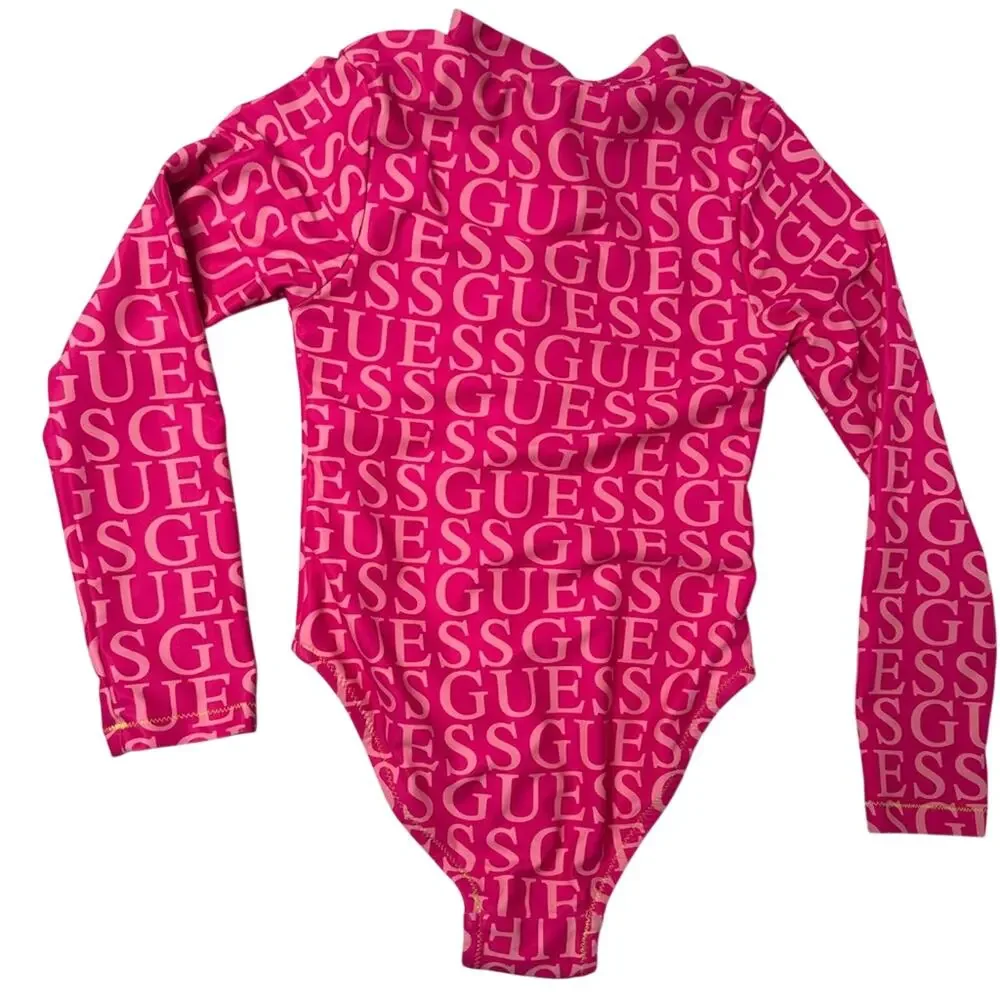 Guess Kids Hot Pink Logo Rashguard Swimsuit Neon Zip One Piece Size 4
